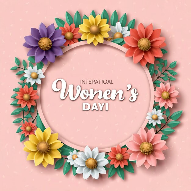 Foto marcha del día internacional de la mujer 8 con marco de flores y hojas estilo arte de papel