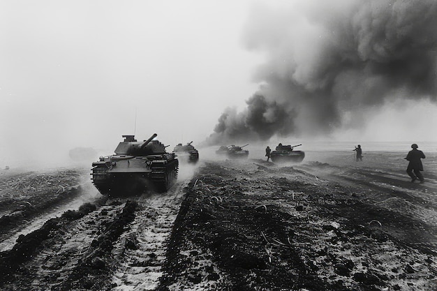 Marcha de la Victoria Tanques y artillería de la Segunda Guerra Mundial en acción en el Frente Occidental Una cautivadora fotografía de guerra en blanco y negro