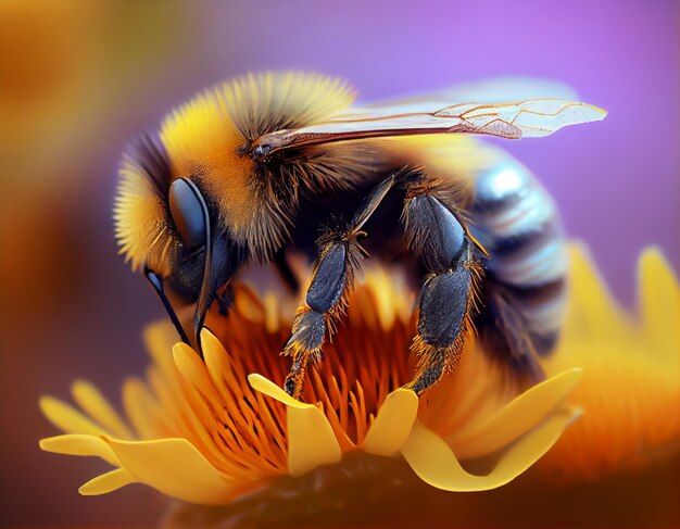 Foto marco abelha polinizando e coberta de belo pólen de florgenerative ai