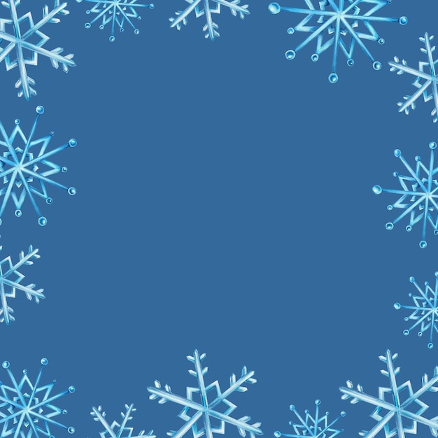 Foto marco de acuarela con copos de nieve imágenes prediseñadas de pintura a mano sobre un fondo azul aislado para diseñadores decoración postales papel de regalo álbum de recortes cubiertas invitaciones carteles y textiles