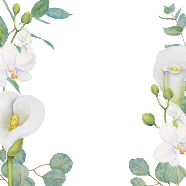 Foto marco de acuarela de flores de orquídeas de lirio blanco y eucalipto ilustración floral dibujada a mano