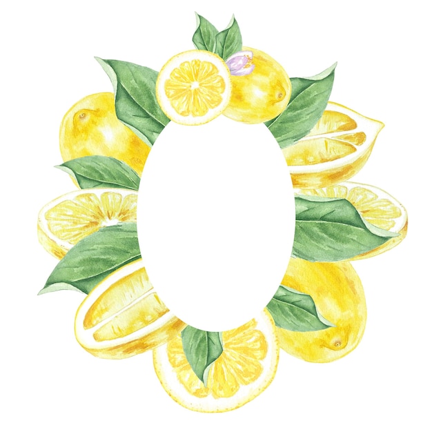 Marco de acuarela de limones, flores y hojas para usar en vacaciones, bodas, logotipos y diseño de alimentos