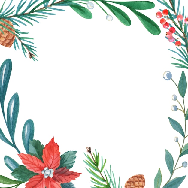 Marco de acuarela de Navidad con flor de pascua, hojas, palo de caramelo rayado, pino, abeto verde sobre fondo blanco. Composición floral de año nuevo para tarjetas de felicitación, diseño.