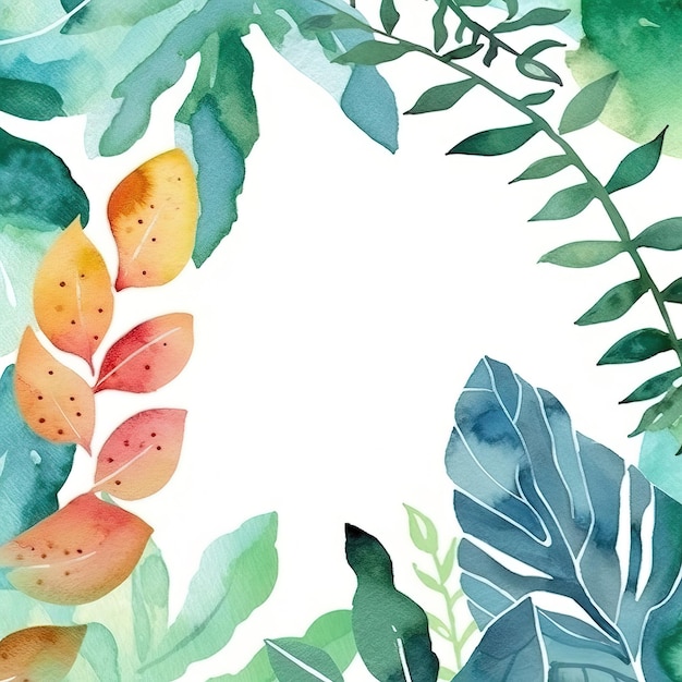 Foto marco de acuarela para una tarjeta con hojas tropicales y la palabra selva.
