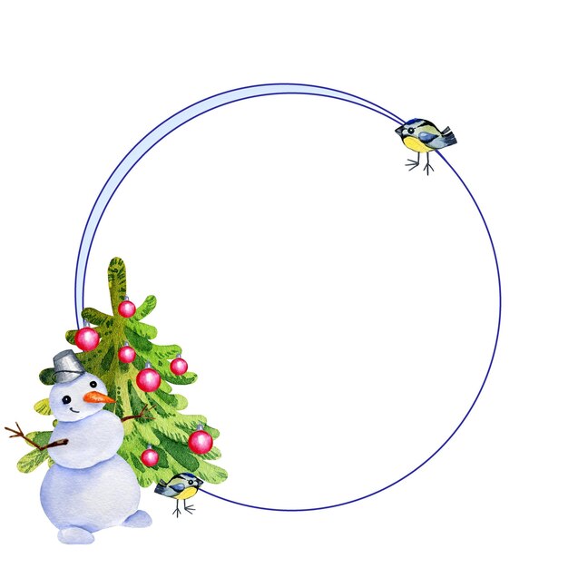 Marco acuarela de tema navideño con un árbol de Navidad, muñecos de nieve, regalos de invierno, ilustración de invierno