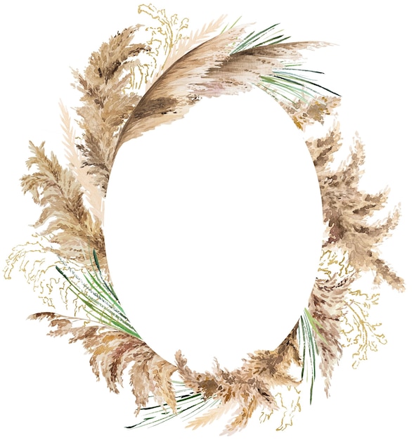 Marco con acuarela verde beige y hierba de pampa dorada Boho Ilustración aislada de boda