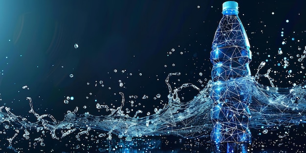 Un marco de alambre abstracto de una botella de agua en un telón de fondo azul oscuro limpio con un gran espacio para texto o publicidad de producto IA generativa