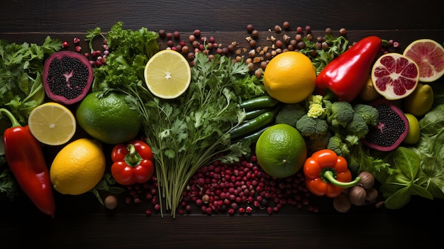 Marco de alimentos orgánicos verduras crudas frescas con frijoles negros en una pizarra negra IA generativa