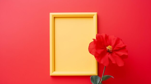 Un marco amarillo con una flor roja en el lado izquierdo