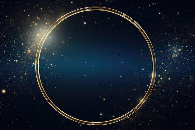 Marco de anillo dorado sobre un fondo azul oscuro con polvo brillante