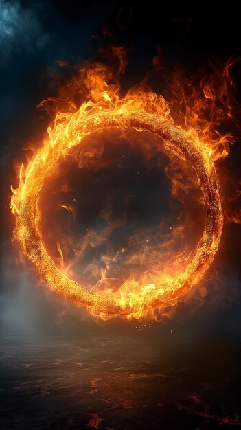 Marco de anillo de fuego en llamas con humo en fondo oscuro