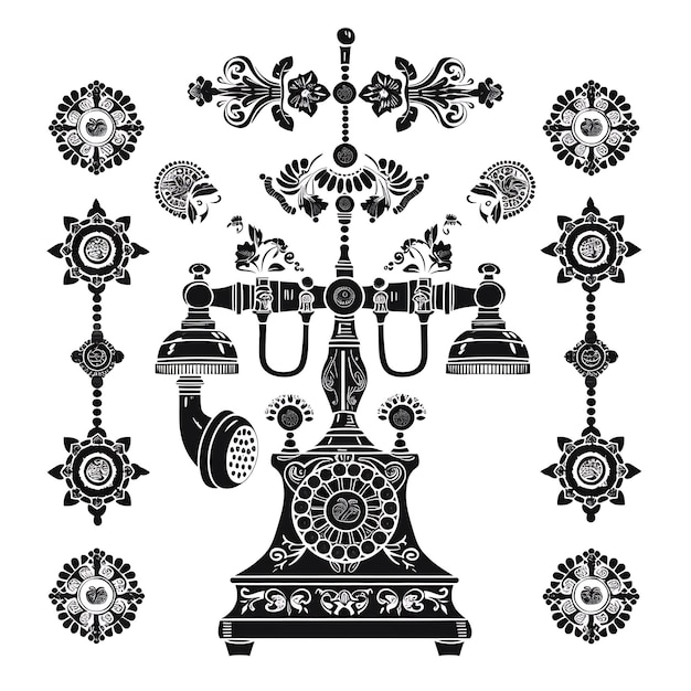 Marco de arte folclórico de teléfono vintage con patrón de dial y receptor de arte de diseño de tatuaje de corte de CNC