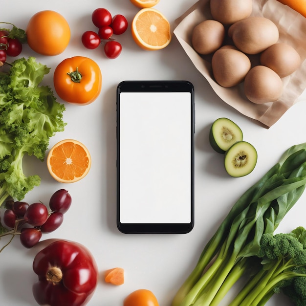 Marco de artículos de comestibles vegetales con un teléfono inteligente en el medio