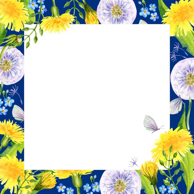 marco blanco de acuarela con flores de campo de verano dibujo a mano ilustración de diente de león amarillo y bolas de soplo hojas hierbas mariposa sobre fondo azul