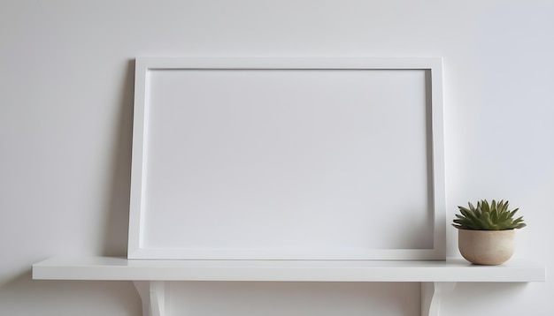 Marco blanco apoyado en un estante blanco en un interior brillante sobre un fondo de pared vacío