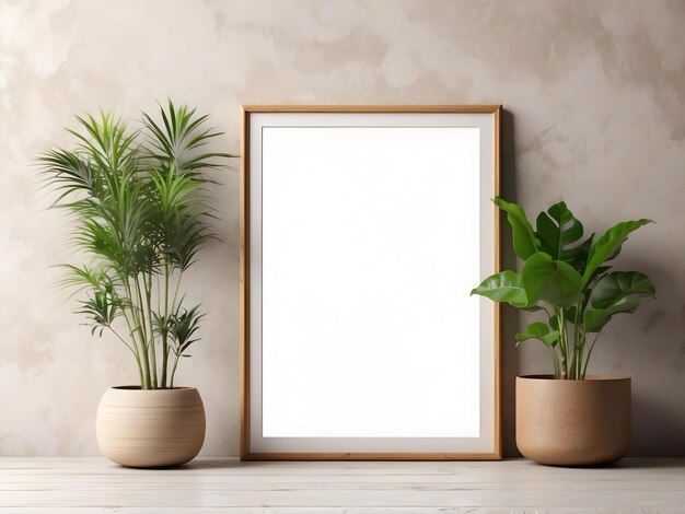 Foto marco en blanco para el arte de la pared en una habitación con colores neutrales imagen para la sala de estar maqueta con plantas