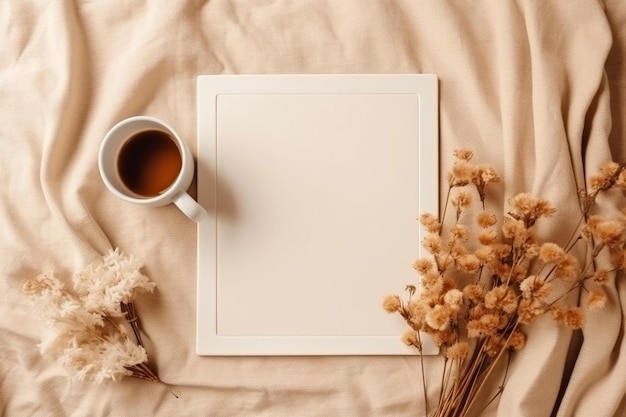 Un marco blanco en blanco con una taza de café y un ramo de flores en una sábana