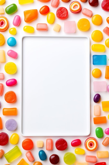 un marco blanco con dulces de colores