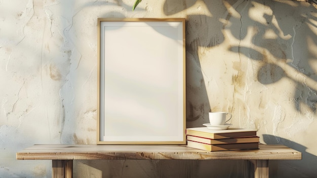 Marco en blanco en un estante de madera con libros y una taza contra una pared texturizada con sombra de árbol