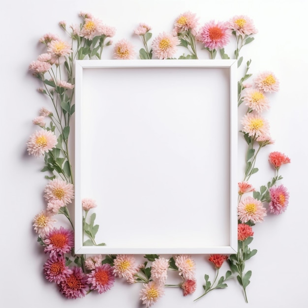 Un marco blanco con flores está sobre un fondo blanco.