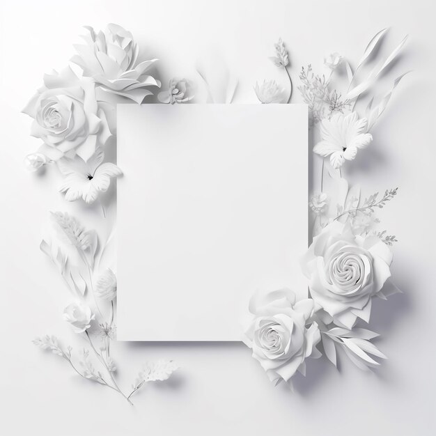 Marco blanco con flores en maqueta de fondo blanco