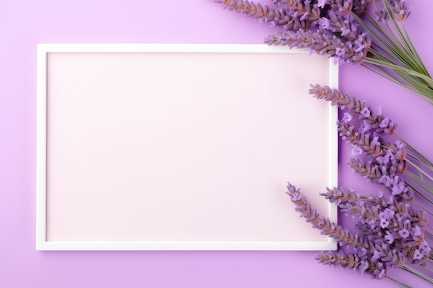 Un marco blanco con flores moradas.