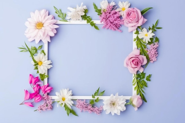 un marco blanco con flores rosadas y blancas sobre un fondo azul