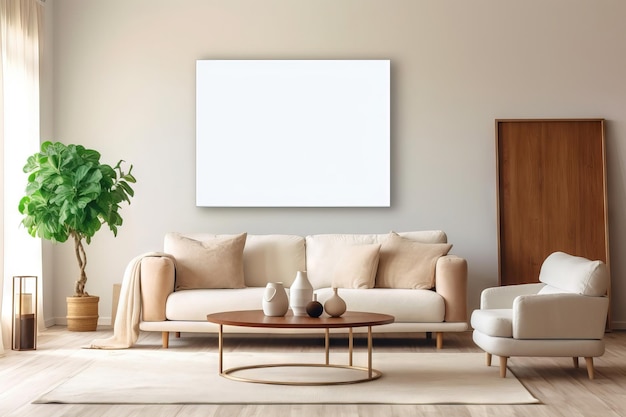 Marco blanco de maqueta en blanco colgado en la pared de una sala de estar moderna
