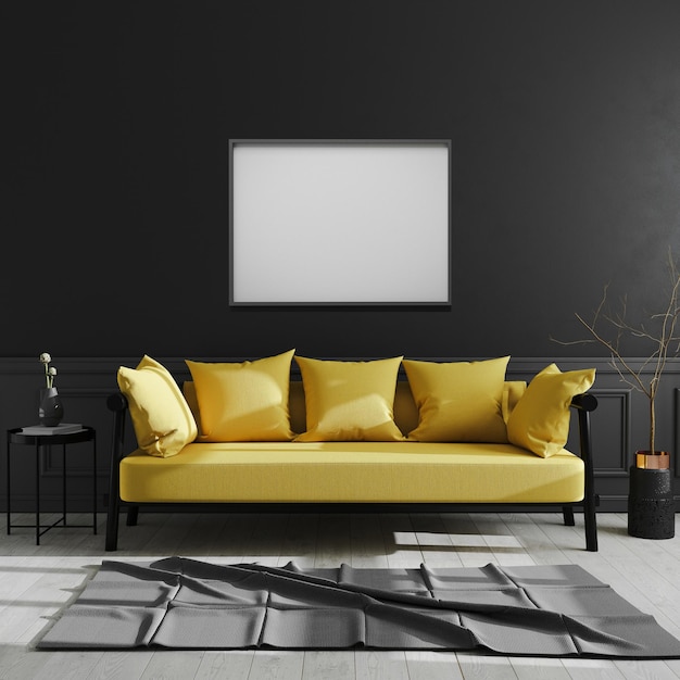 marco en blanco en pared negra marco de imagen horizontal maquillaje en fondo interior moderno oscuro con sofá amarillo estilo escandinavo interior de casa de lujo 3d renderingxA