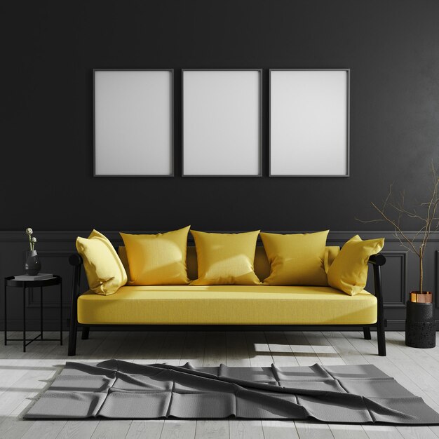 marco en blanco en pared negra tres marco de póster vertical maquillaje en fondo interior moderno oscuro con sofá amarillo estilo escandinavo interior de casa de lujo 3d renderingxA