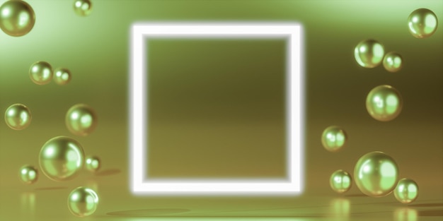 Marco blanco rodeado de bolas de esferas de metal sobre fondo verde brillante Con espacio vacío para copia de texto o maquetas de exhibición de productos Diseño de producto de póster estilo maqueta representación 3d