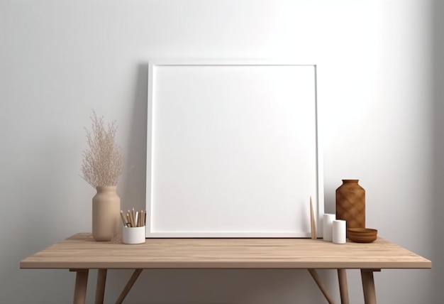 Un marco blanco se sienta en una mesa al lado de un jarrón con una planta.