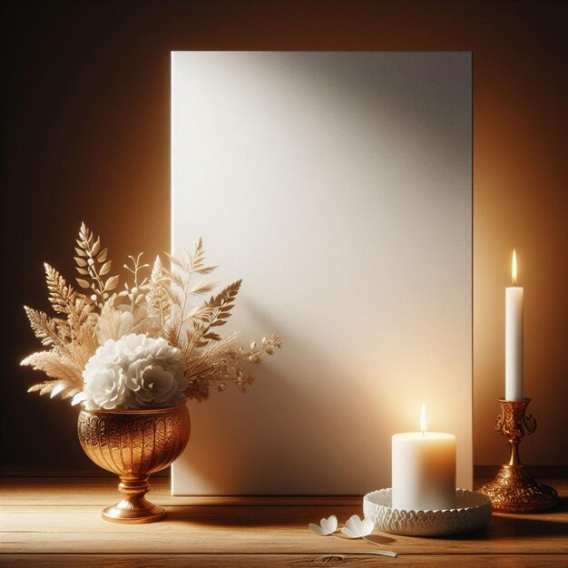 un marco blanco con una vela y un jarrón con flores en él