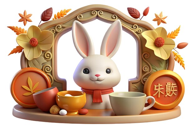 Marco de borde 3D de conejo y taza de té con concepto de espacio de copia como un marco de borde con un conejo y una taza de agua