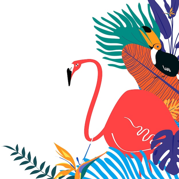 Marco de borde botánico png estético elemento de collage tropical colorido con tucano y flamenco fondo transparente