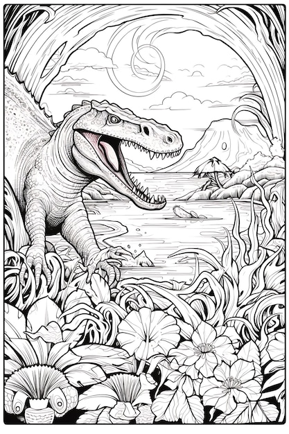 Marco de borde de paraíso prehistórico de dinosaurio en página para colorear de libro en blanco