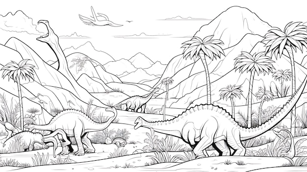 Marco de borde de paraíso prehistórico de dinosaurio en página para colorear de libro en blanco