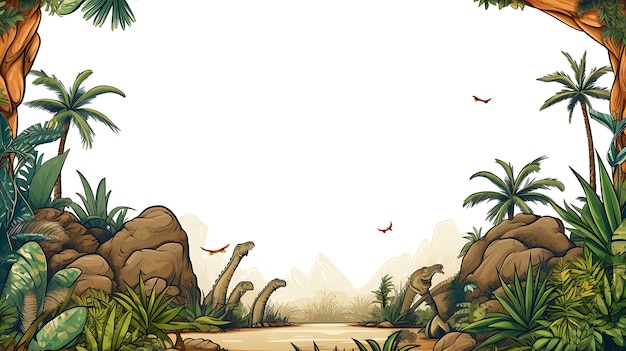 Foto marco de borde de paraíso prehistórico de dinosaurio en página para colorear de libro en blanco