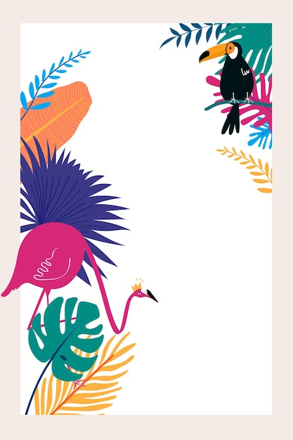Marco botánico colorido png con pájaros flamencos tropicales y tucanes de fondo transparente