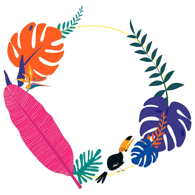 Marco botánico dorado png con hojas tropicales y pájaro tucano de fondo transparente