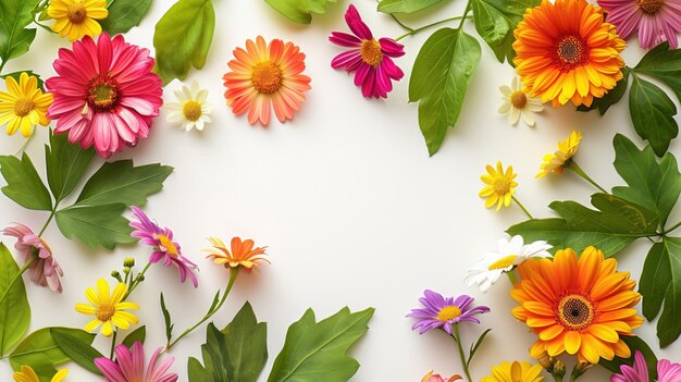 Foto un marco brillante y alegre creado con coloridas flores de margarita y hojas verdes