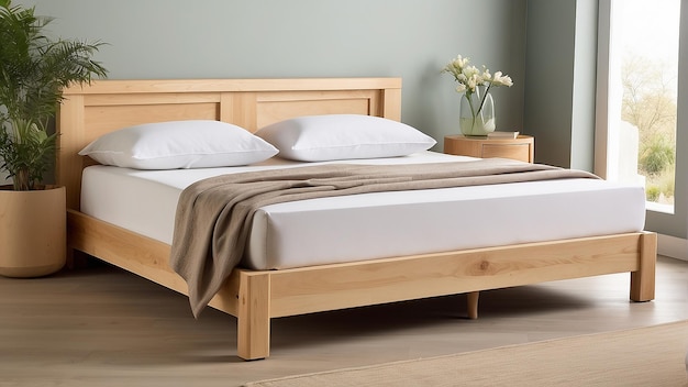 Un marco de cama de madera con ropa de cama blanca y una manta marrón