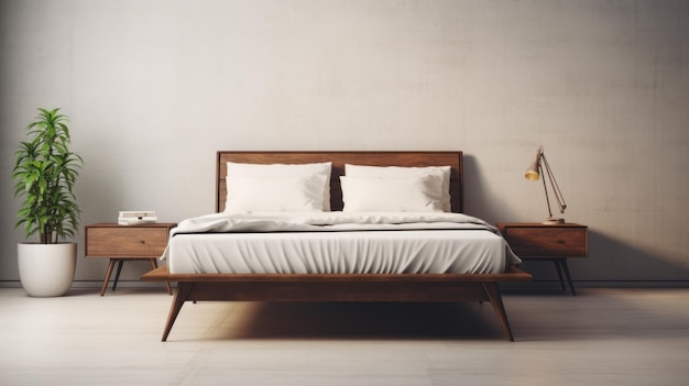 Marco de cama minimalista de mediados de siglo con cabecera de madera y mesita de noche