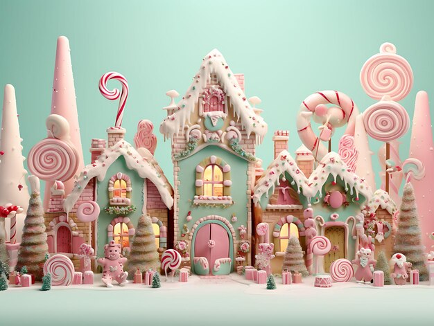 Marco de caprichosas casas de pan de jengibre, bastones de caramelo y decoraciones navideñas de azúcar, ideas conceptuales