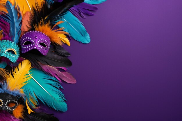 Foto marco de carnaval colorido con máscaras y plumas y fondo púrpura