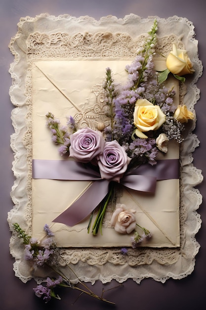 Marco de carta de amor amarillenta con un ramo de rosas de lavanda secas Decoración de papel Arte antiguo