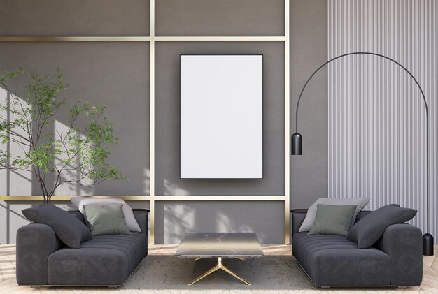 marco de cartel simulado en el interior moderno habitaciones completamente amuebladas fondo sala de estar estilo escandinavo