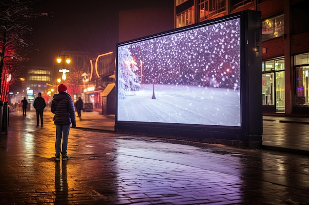 Marco de cartelera brillante ubicado en el paisaje urbano nocturno de invierno lienzo abierto creatividad y promoción