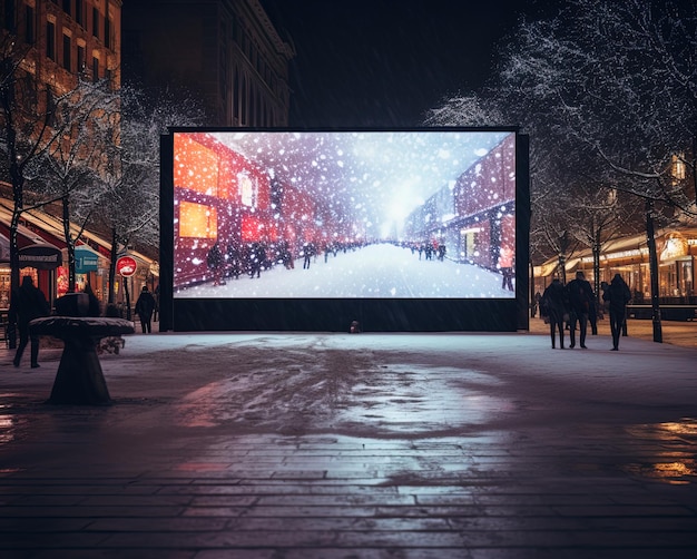 Marco de cartelera brillante ubicado en el paisaje urbano nocturno de invierno lienzo abierto creatividad y promoción