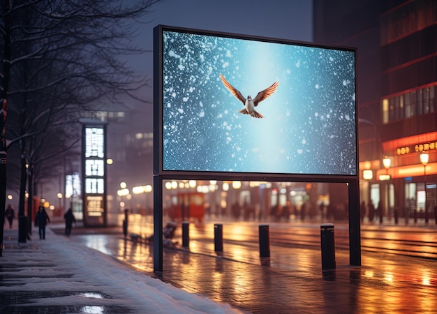 Marco de cartelera brillante ubicado en el paisaje urbano nocturno de invierno lienzo abierto creatividad y promoción